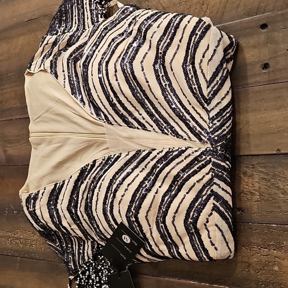 Navy/Ivory , Short Rhinestone Sleeves,  Sequined,  V Neck, Mermaid Maxi … - Picture 15 of 16